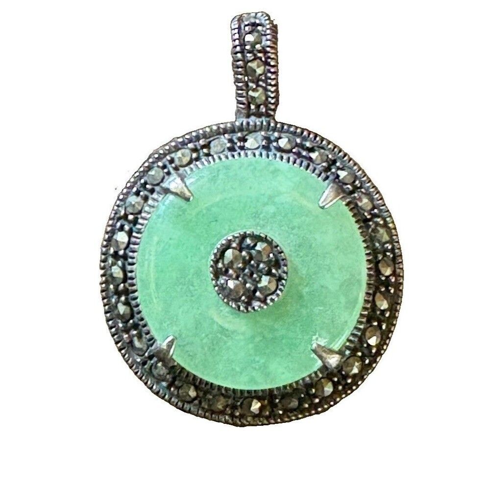 Vintage GSJ 925 Sterling Silver Green Jade Marcasite Round Bi Disc Pendant Charm